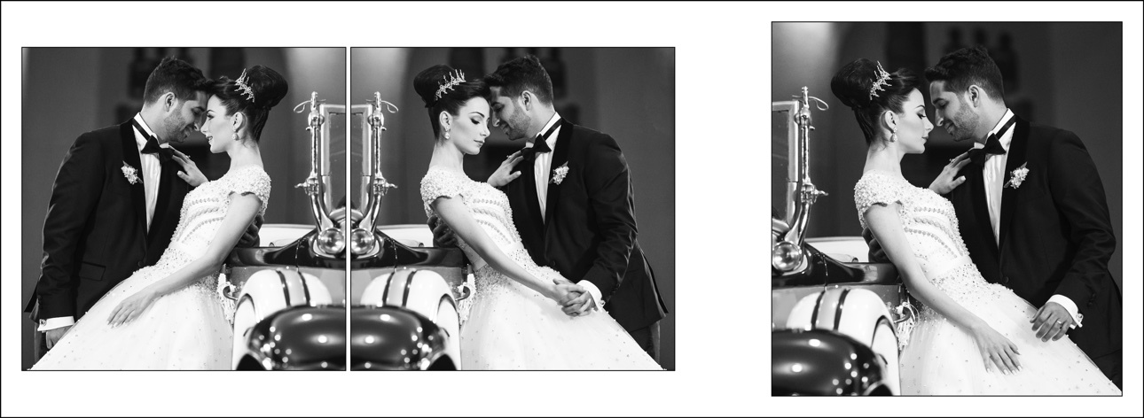 Black-and-white fine-art wedding album spread featuring a couple and a classic car