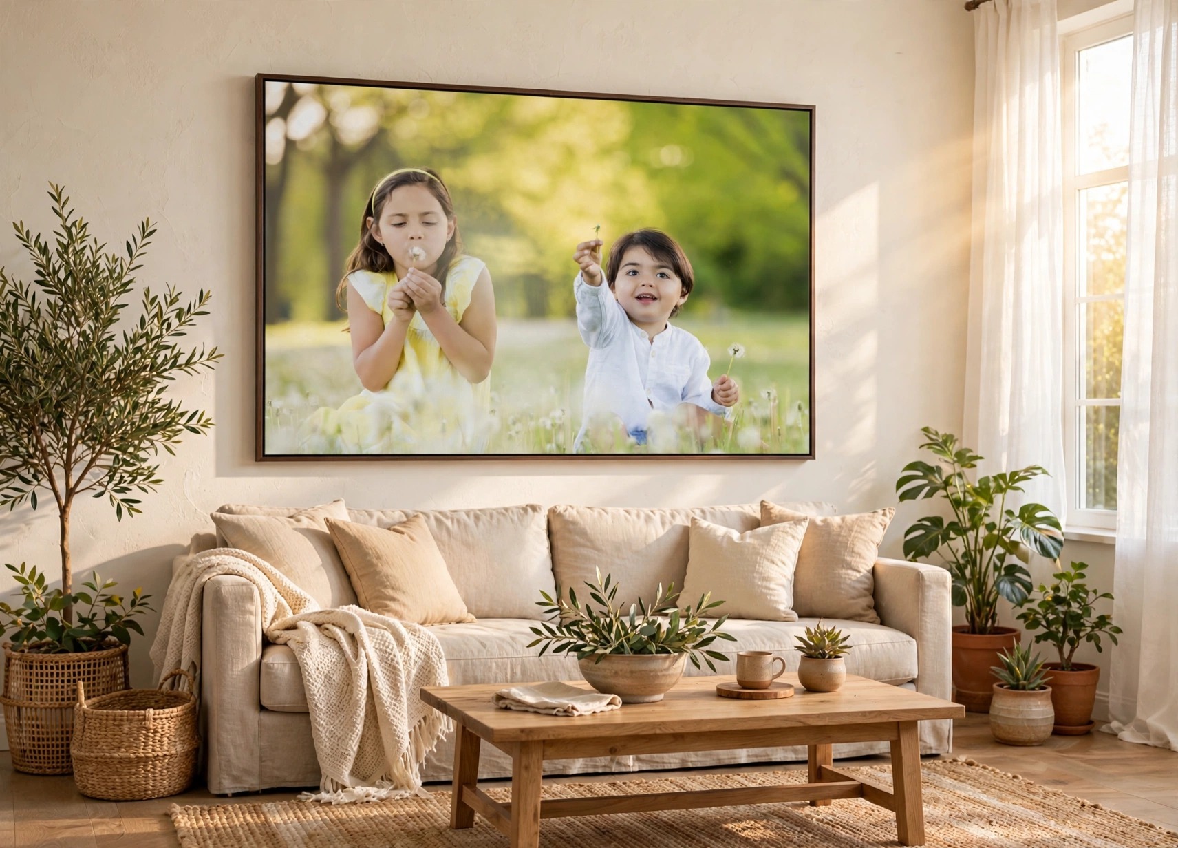 Large framed canvas portrait of two children playing with dandelions displayed in a warm, sunlit family room